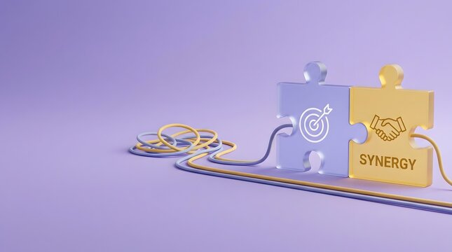 Strategic business problem solving and teamwork concept illustrating tangled cables transforming into connecting puzzle pieces labeled synergy on a purple background