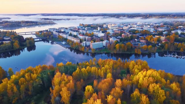 Aerial view of city h&auml;meenlinna Finland during autum from over the lake and city park