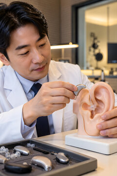 Close-up of audiologist fitting hearing aid with clear tube onto anatomical ear model, warm clinic light
