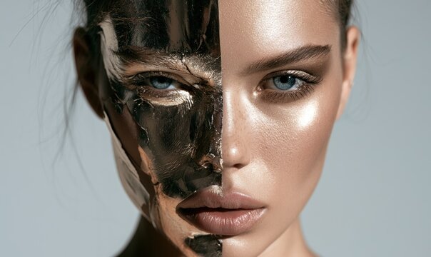 Dramatic portrait of a face split between metallic texture and glowing skin