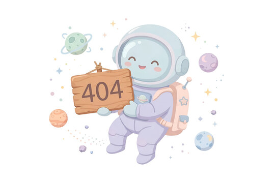 Cute astronaut lost in space holding 404 sign illustration
