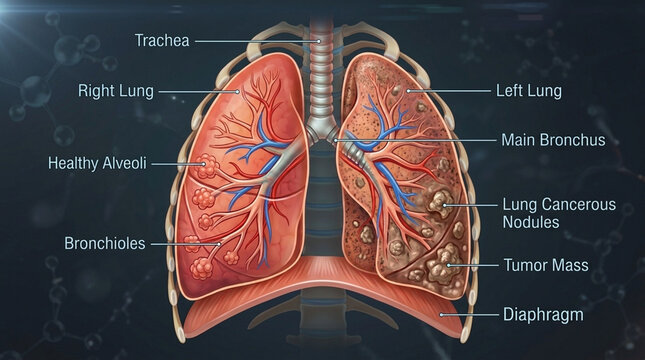 Human Lungs Anatomy Healthy vs Cancerous Respiratory System Medical Illustration