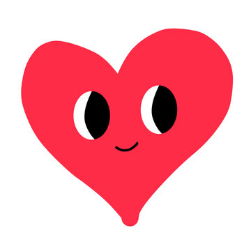 Illustration of a pink heart shaped emoji icon with eyes and a smile, drawn in a flat doodle style. Happy, like, joyful, romantic, Valentine&rsquo;s Day,