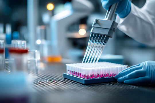 Medical devices multichannel pipette for apply chemical drops high throughput research in modern laboratory setting. Multi pipette in science lab. Genetic technology DNA blurred blue background.