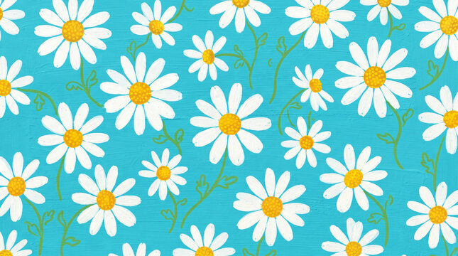 Seamless pattern with white daisies on a bright blue background, handdrawn floral illustration for textile or wallpaper design