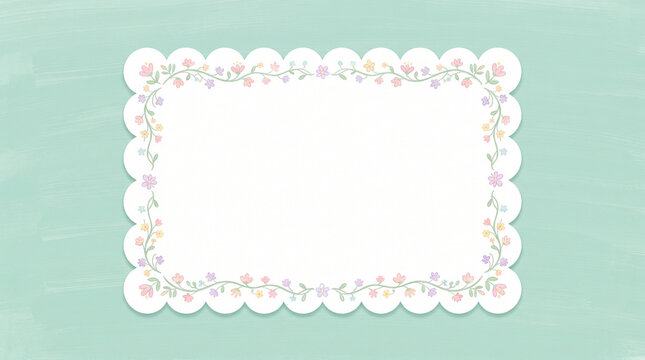 Cute scalloped rectangular frame decorated with delicate pastel flowers and vines on a soft mint green background