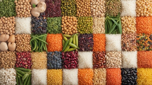 Assorted dry beans lentils and grains in a square grid pattern top view food texture