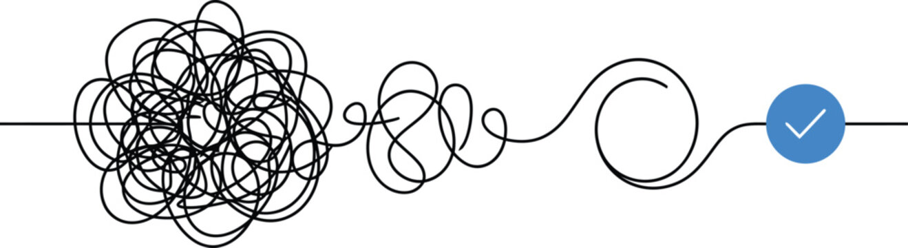 Tangled line transitioning to a smooth curve on a white background illustration complex chaotic disordered
