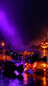 Halloween candy with glowing jack o lantern and copy space