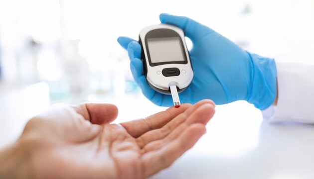 A healthcare professional wearing blue gloves uses a glucometer to check a patient's blood sugar level via a finger prick test.