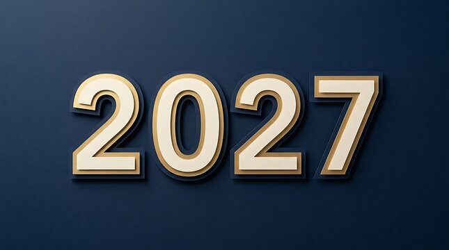 3d rendered text of the year 2027 in gold and cream colors on a dark blue background