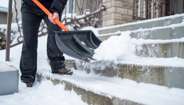 Person shoveling snow off outdoor steps in a residential area during winter.