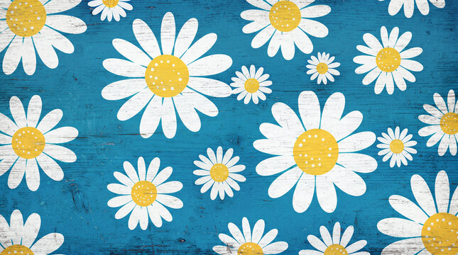 Seamless pattern with white daisies on a blue wooden background, floral wallpaper design for spring and summer themes