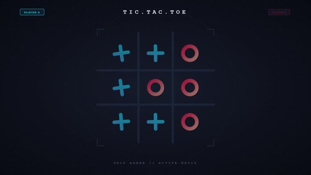 Futuristic digital tic tac toe game board animation with glowing neon