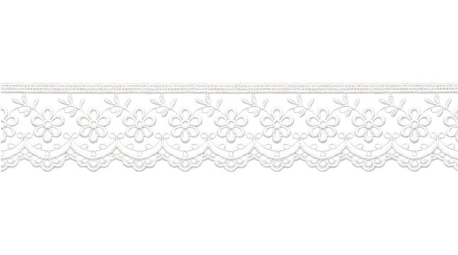 White floral lace border with scalloped edge isolated on transparent background