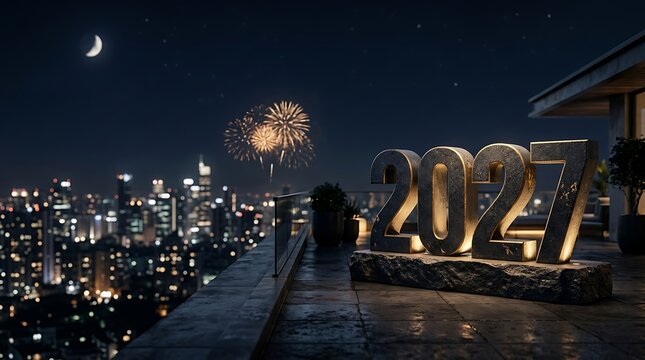 A 3d rendering of the year 2027 in metallic numbers on a stone base, set on a modern balcony overlooking a city skyline with fireworks at night
