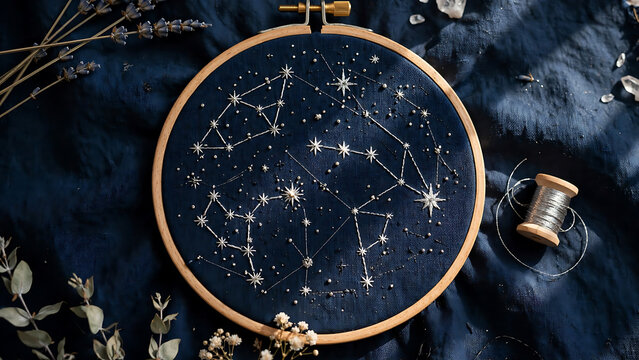 Celestials constellation embroidery with silver thread on navy blue fabric for astrological wall decor.