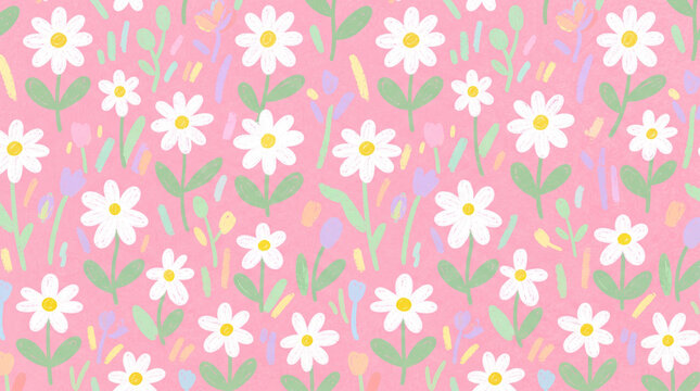 Seamless pattern with cute handdrawn daisies and colorful abstract shapes on a pink background, spring floral wallpaper design