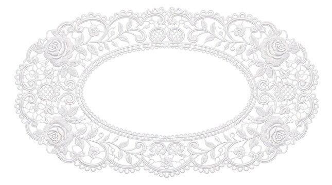 White lace oval doily with floral and leaf isolated on transparent background