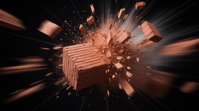 Golden computer processor chip exploding and breaking into small pieces in dark space
