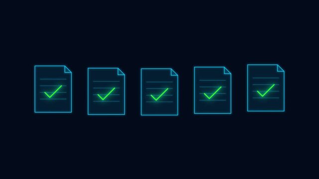 Document verification animation with glowing check marks on multiple files