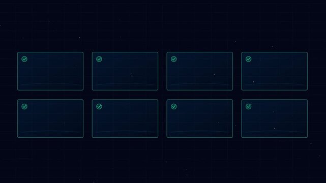 HUD technology interface with loading progress boxes and checkmarks animation