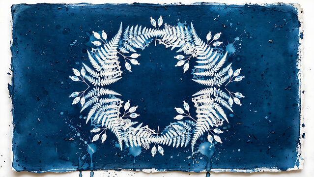 Cyanotype botanical wreath print on textured paper displays white fern patterns on deep indigo blue ink.