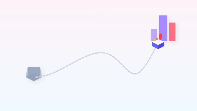Isometric delivery box moving along a dotted path to bar chart