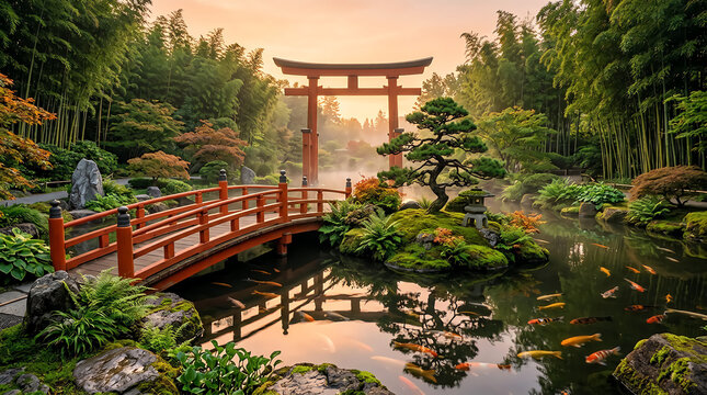 A serene japanese garden features a vermillion torii gate and koi pond at sunset