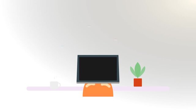 Minimalist office desk animation with computer and floating app windows