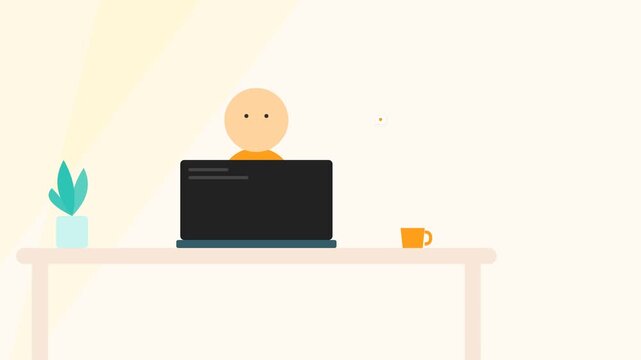 Flat design animation of a person working on a laptop at a desk