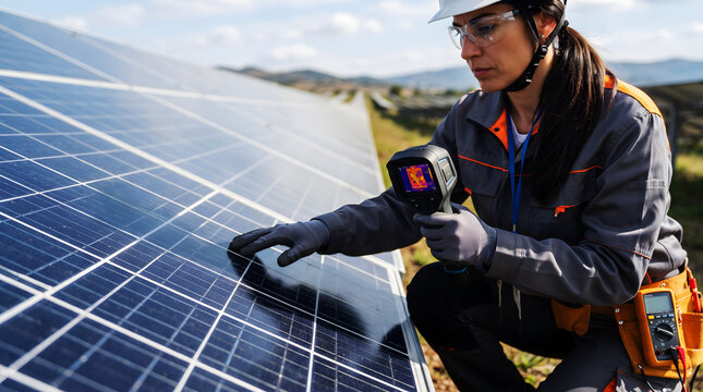 Solar farm thermal inspection by female engineer stock photo, technician scanning photovoltaic modules with handheld thermal camera and digital multi meter in tool belt, and net zero energy service.