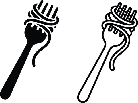 spaghetti pasta on fork vector graphic illustration in bold silhouette and minimalist outline styles.