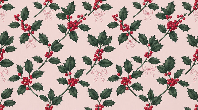 Seamless christmas pattern with holly leaves and red berries on a soft pink background, vintage style festive wallpaper design