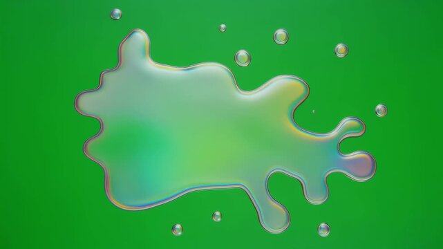 Iridescent liquid splash puddle with droplets isolated on green background