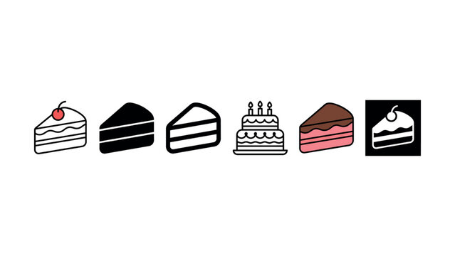 Set of six different cake icons featuring slice and whole birthday cake designs