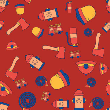 Firefighter Equipment Cartoon Seamless Pattern on Red Background