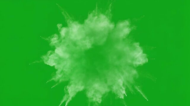 Realistic white smoke explosion effect and cloud puff isolated on a green screen background for video editing