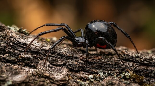 Black widow spider crawling on tree bark, macro shot of venomous black spider in nature, dangerous arachnid on wooden branch