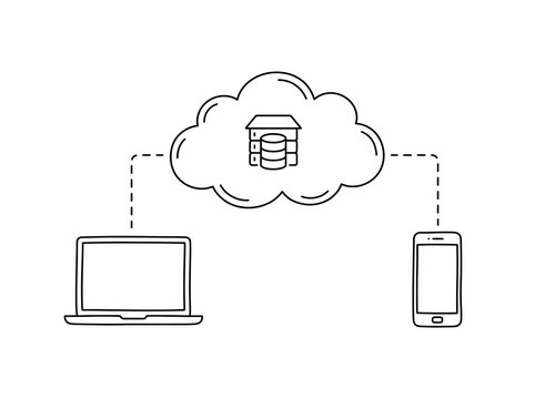Cloud storage and device connection concept with laptop, smartphone, and cloud server line art vector illustration   