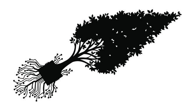Technological tree graphic with circuit board roots symbolizing digital growth.