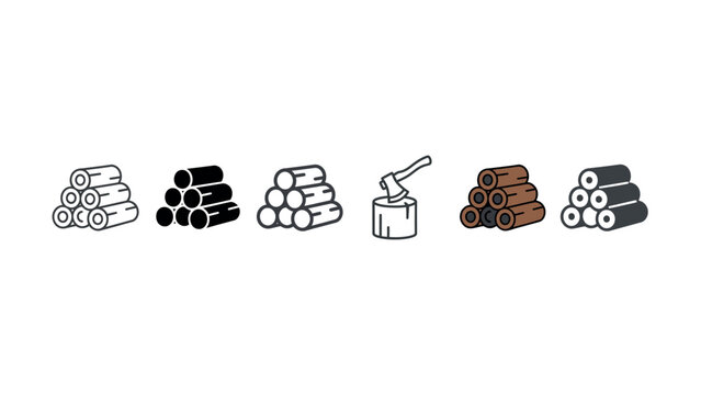 Set of six wood log stack icons including an axe and stump