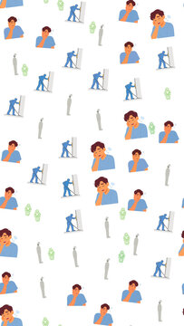 Seamless pattern of tired men, mummies, and cleaning figures