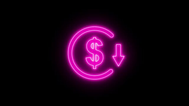 Glowing neon sign Dollar Currency Symbol with Downward Arrow Icon, Financial Loss, Decrease, Price Drop and Money Reduction Concept. Money reduction icon. 4k animation