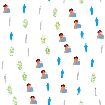 Seamless pattern of tired people, stomach ache figures, and mummies