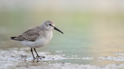 Fototapeta premium Small shorebird foraging on muddy water edge with shorebird sandpiper foraging wildlife feathers migratory reflection background observation ornithology creature biodiversity