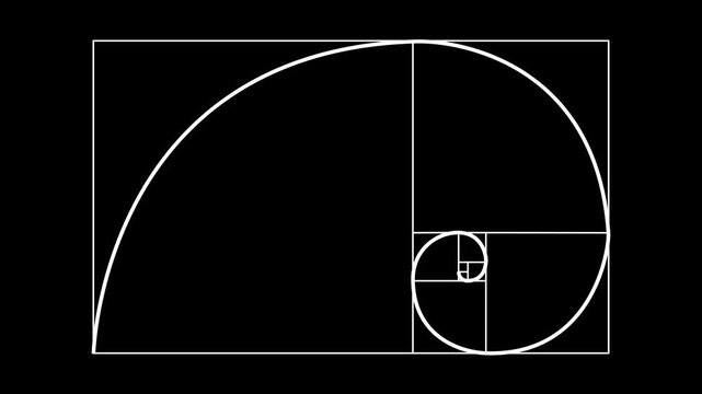 Golden ratio transparent video - The Fibonacci Sequence animated with lines shape. White golden ratio spiral geometric diagram constructed with squares and arcs, perfectly centered on green backgroun.