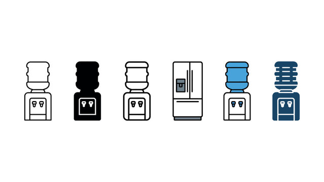 Set of water cooler and refrigerator icons in various outline and flat styles