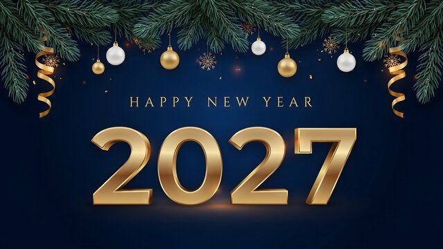 Happy New Year 2027 sophisticated celebration banner with gold lettering evergreen branches hanging ornaments and navy background representing holiday cheer and prosperity