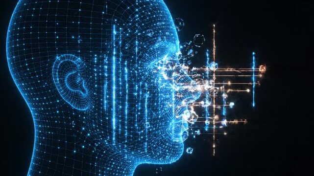 Digital Consciousness: A luminous, abstract representation of a human head composed of glowing digital particles and lines, symbolizing artificial intelligence and the interconnectedness of data.
